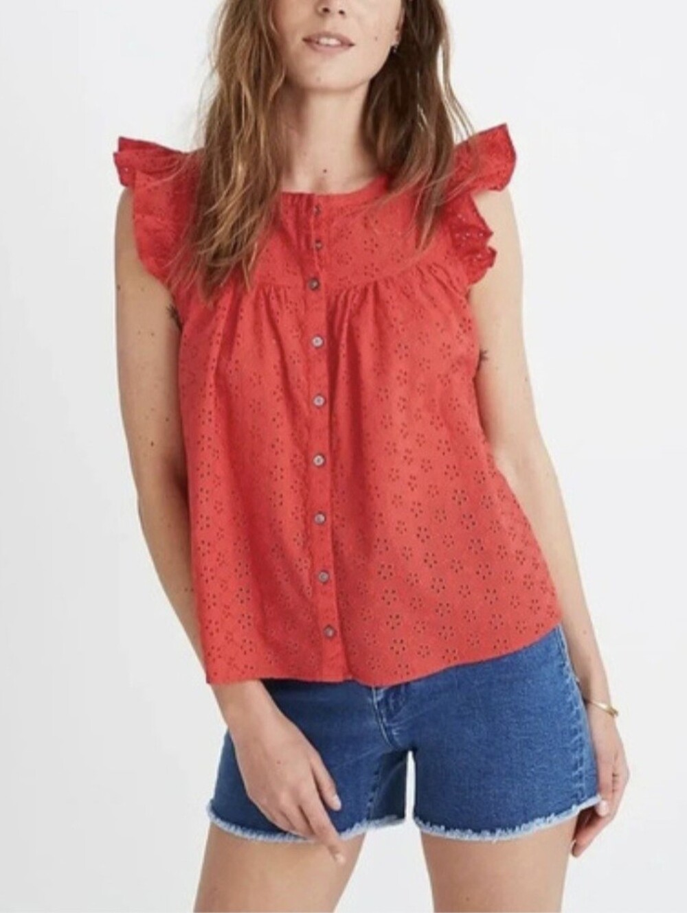 Madewell Blouse Red Eyelet Ruffle Sleeve Size XXS